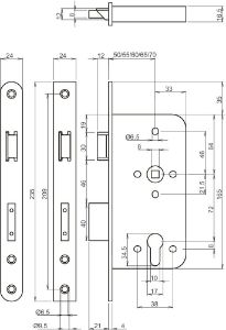 Afbeeldingen van LIPS Veiligheidsdeurslot, PC-uitsparing 2422, doornmaat 60 mm, zonder sluitplaat, rvs